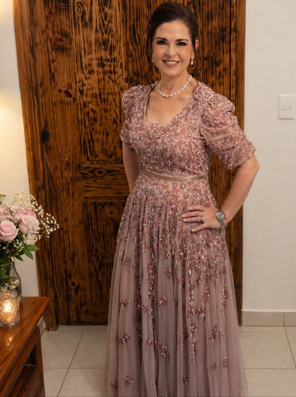 Mac Duggal Rose-Pink Size 6 Style: 5497 Embellished V-Neck Evening Gown